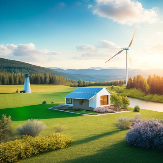 A serene landscape with a modern, sleek, off-grid cabin surrounded by lush greenery, equipped with a rooftop solar panel array and a wind turbine, set against a vibrant blue sky with fluffy white clouds.