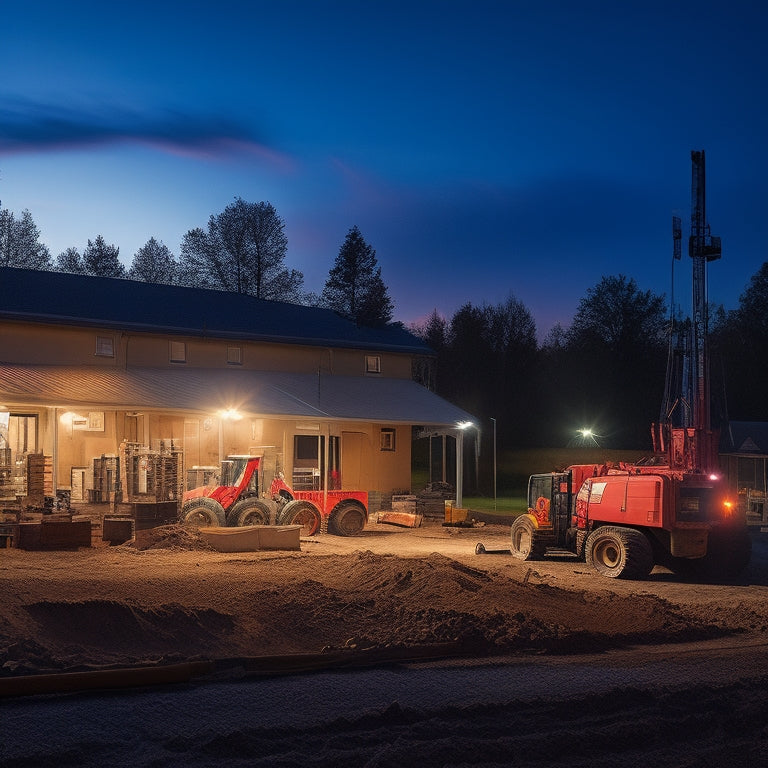 A bustling construction site at dusk, illuminated by generator-powered floodlights; workers in hard hats operate machinery, while a cozy home nearby showcases its generator silently humming, ensuring continuous power amidst a darkening sky.