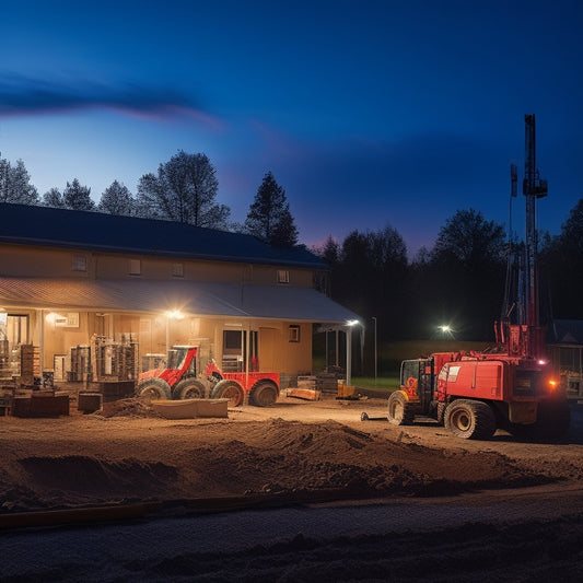 A bustling construction site at dusk, illuminated by generator-powered floodlights; workers in hard hats operate machinery, while a cozy home nearby showcases its generator silently humming, ensuring continuous power amidst a darkening sky.