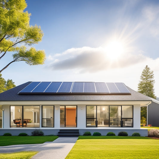 A serene suburban home with a sleek, modern roof, covered in a grid of glossy black solar panels, angled towards the sun, amidst a backdrop of clear blue sky and fluffy white clouds.