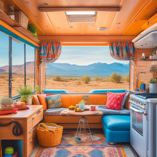 A cozy camper van interior showcasing a DIY electrical system, featuring solar panels on the roof, a compact battery setup, colorful wiring, and budget-friendly tools scattered around, all amidst a scenic outdoor backdrop.