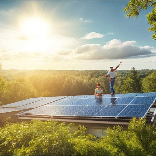 A sunny rooftop with a clean solar panel array, a person in the distance wearing a safety harness and gloves, with a soft brush and hose nearby, amidst a backdrop of lush green trees.