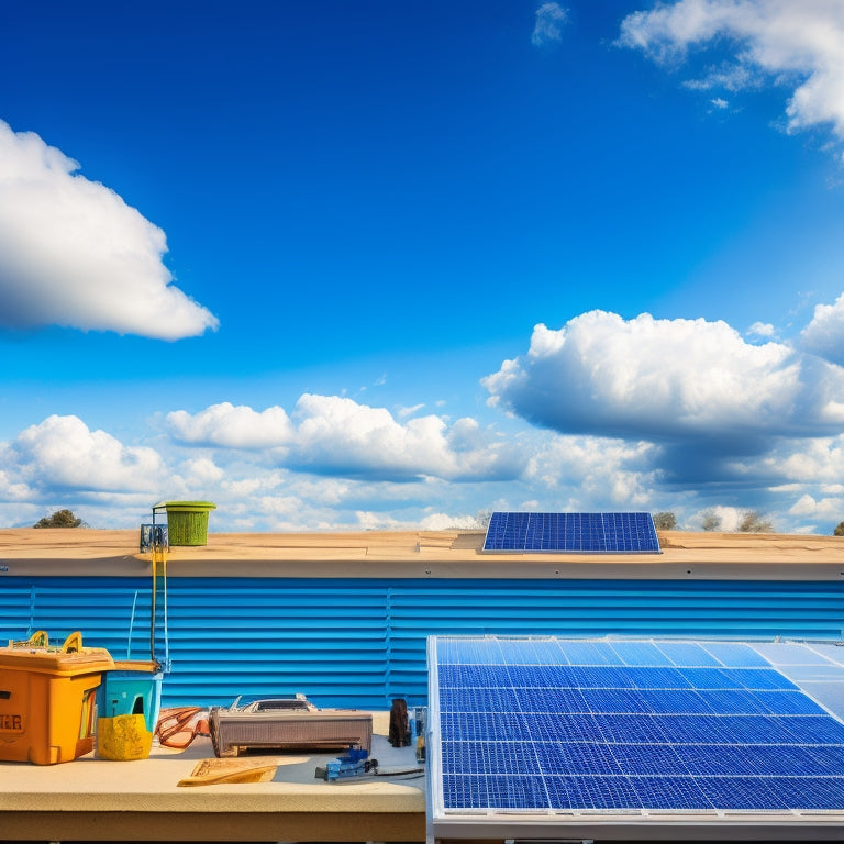 A bright blue sky with fluffy white clouds serves as the backdrop for a rooftop with multiple DIY solar panels installed, wires and connectors visible, amidst a few scattered tools and a toolbox.