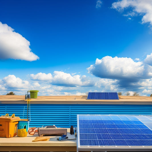 A bright blue sky with fluffy white clouds serves as the backdrop for a rooftop with multiple DIY solar panels installed, wires and connectors visible, amidst a few scattered tools and a toolbox.