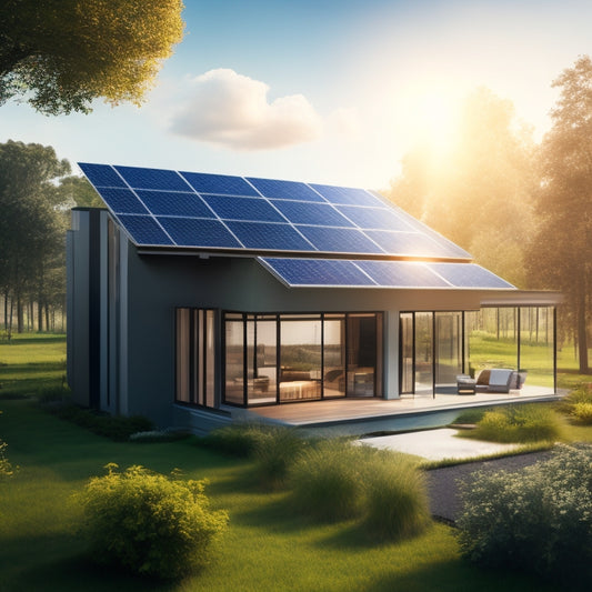 A futuristic home with solar panels on the roof, a battery storage unit in the backyard, and a gauge displaying a decreasing electricity bill, surrounded by lush greenery and a sunny sky.
