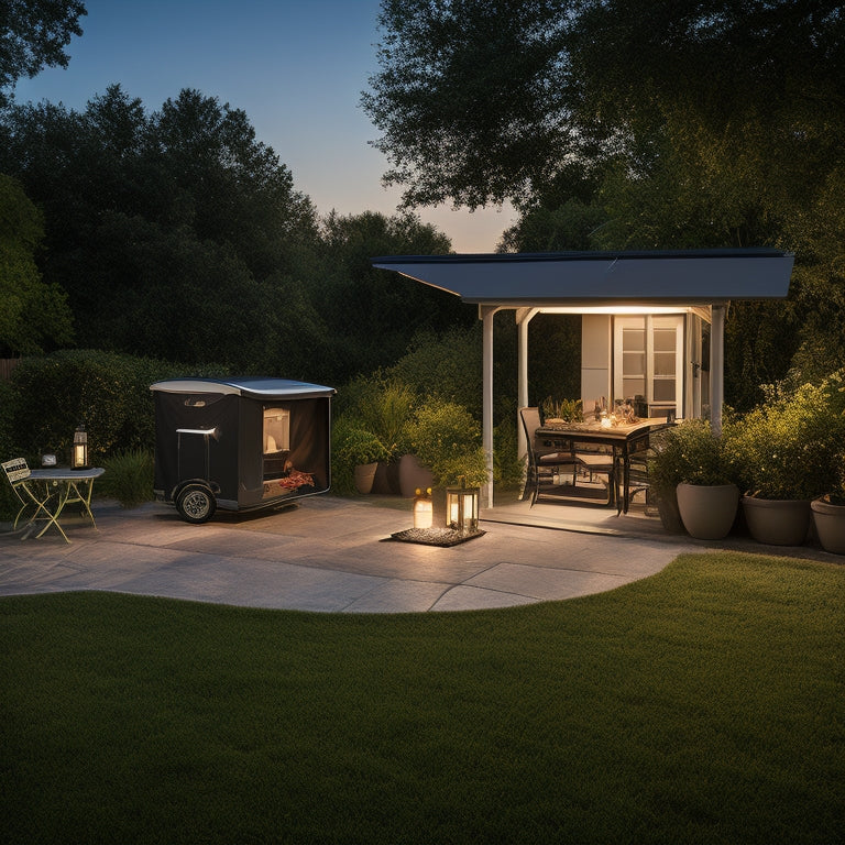 A serene backyard scene with a compact, black solar panel array on a wheeled cart, connected to a sleek, silver battery pack, and powering a few outdoor lights and a laptop.