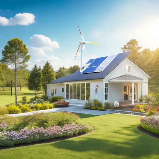 A serene, modern home with solar panels on the roof, a backyard wind turbine, and a lush green garden, surrounded by a white picket fence, set against a bright blue sky with fluffy white clouds.