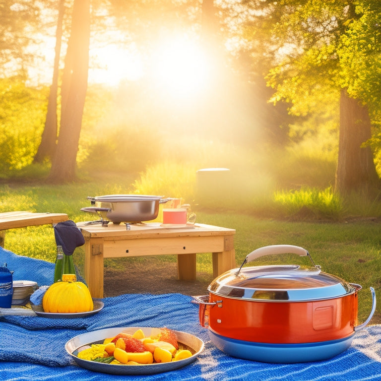 A serene campsite with a bright sun overhead, featuring a solar cooker next to a picnic table. Surrounding lush greenery, colorful camping gear, and a pot simmering with vibrant vegetables, all bathed in warm sunlight.