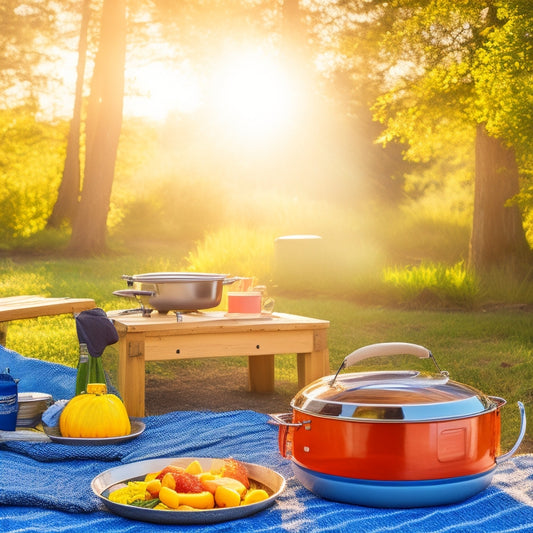 A serene campsite with a bright sun overhead, featuring a solar cooker next to a picnic table. Surrounding lush greenery, colorful camping gear, and a pot simmering with vibrant vegetables, all bathed in warm sunlight.
