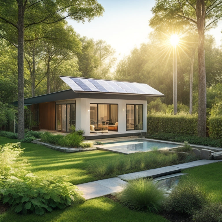 A serene backyard with a modern, sleek solar panel array on the roof, surrounded by lush greenery, with a subtle hint of sunlight peeking through the panels.