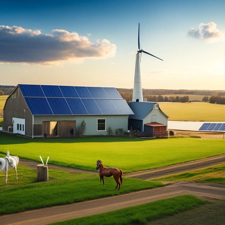 A serene rural landscape with a farmhouse, barn, and windmill in the background, featuring a prominent solar panel array and a large battery storage unit in the foreground.