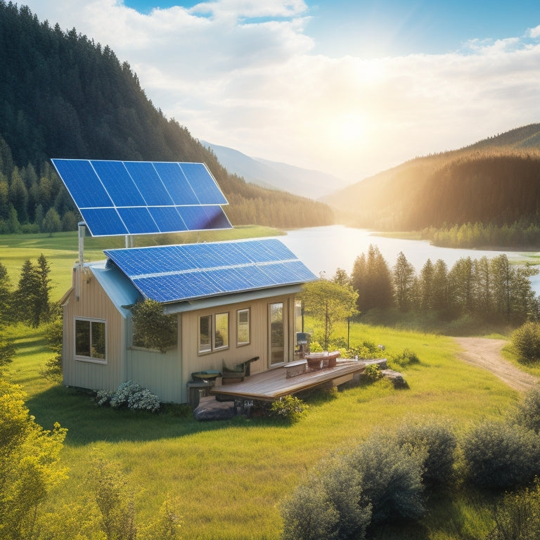 A serene off-grid landscape featuring solar panels, a wind turbine, a battery bank, and a water filtration system, surrounded by lush greenery and a cozy cabin, all under a vibrant blue sky with fluffy clouds.