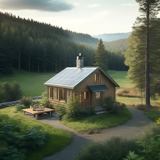A serene, isolated cabin surrounded by lush greenery, with a rooftop solar panel array and a wind turbine in the distance, connected to a battery bank and inverter inside the cabin.