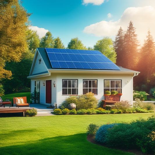 A serene suburban home with solar panels on the roof, a small wind turbine in the backyard, and a battery bank visible through a basement window, surrounded by lush greenery and a bright blue sky.