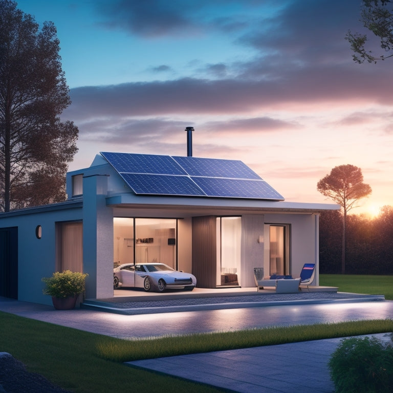 A futuristic home with solar panels on the roof, a compact home battery unit in the garage, and a subtle glow emanating from the battery, symbolizing energy independence and self-sufficiency.