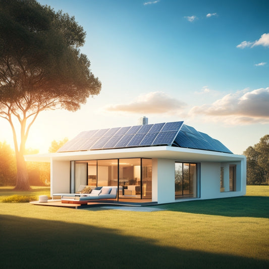 A futuristic home with solar panels on the roof, a sleek battery backup system installed on the exterior wall, and a bright, sunny background with fluffy white clouds.