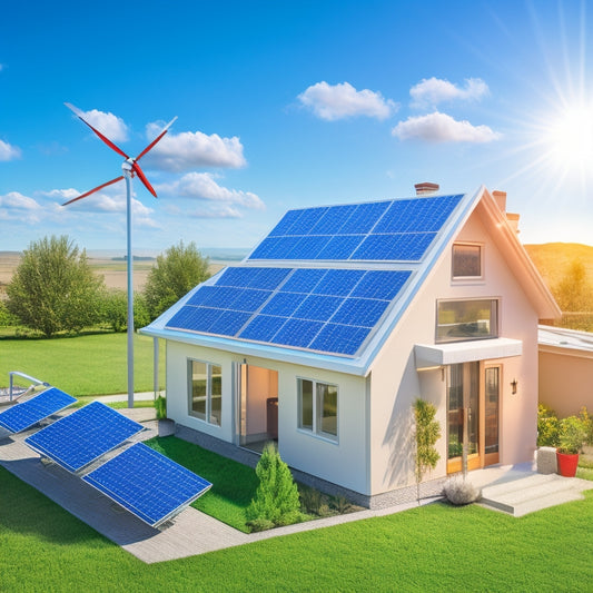 A vibrant solar battery storage system illustration: solar panels collecting sunlight, connected to a sleek battery unit, arrows depicting energy flow, and a cozy home with glowing windows, all set against a sunny blue sky.