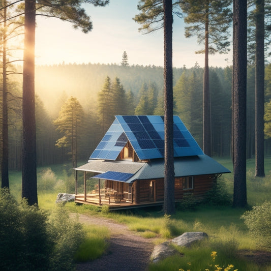 A serene woodland scene featuring a secluded cabin surrounded by towering trees, with a solar panel array on the roof and a wind turbine in the distance, under a bright blue sky.