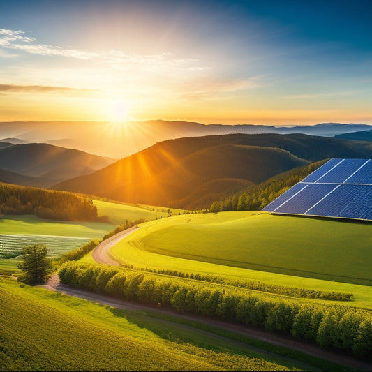 A vibrant landscape showcasing solar panels glistening under the sun, wind turbines gracefully spinning on rolling hills, and a lush green forest in the background, symbolizing a transition to clean, renewable energy.