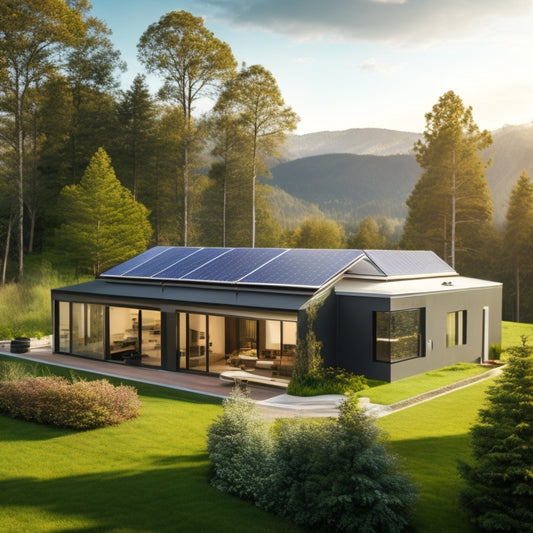 A modern, sleek home battery system with solar panels on the roof, a smart energy monitor on the wall, and a tidy array of batteries and inverters in the background, surrounded by lush greenery.