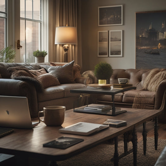 An image of a cozy living room with a laptop and external hard drive on a coffee table, surrounded by family photos and a faint cityscape outside the window.