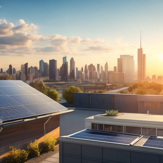 A photorealistic illustration of a modern rooftop with sleek solar panels, a compact battery storage unit, and a subtle cityscape in the background, showcasing a calm, sunny day.