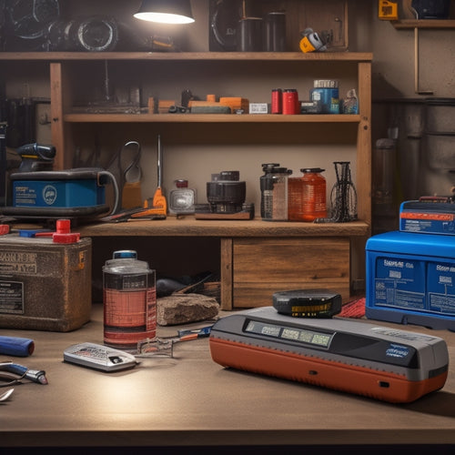 A clutter-free workshop background with a deep cycle battery prominently displayed on a wooden workbench, surrounded by essential maintenance tools like multimeter, hydrometer, and battery cleaner.