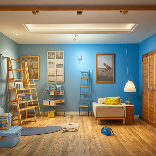 A clutter-free, well-lit room with a partially installed smart home system: wires and cables organized on a wall, a drill and toolbox on the floor, and a ladder leaning against a wall.