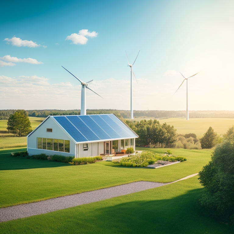 A serene landscape featuring a modern, sustainable home surrounded by lush greenery, with a wind turbine and solar panels installed, set against a bright blue sky with a few puffy white clouds.