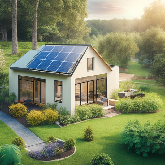 An illustration of a modern, eco-friendly home surrounded by lush greenery, with solar panels on the roof, a wind turbine in the backyard, and a small garden with a rainwater harvesting system.