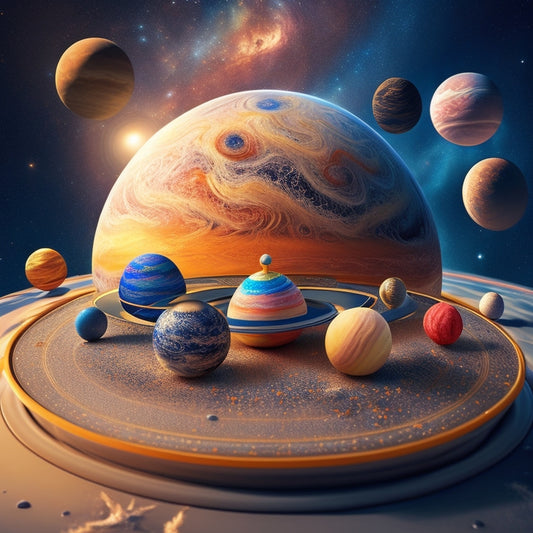 A colorful, 3D illustration of a solar system diorama, featuring eight planets with distinct textures and rings, surrounded by a starry night sky and orbiting spaceships.
