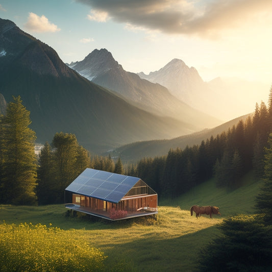 Image of a serene mountain landscape with a solar-powered cabin in the foreground, surrounded by lush greenery, and a contrasting image of a polluted cityscape with power lines in the background.