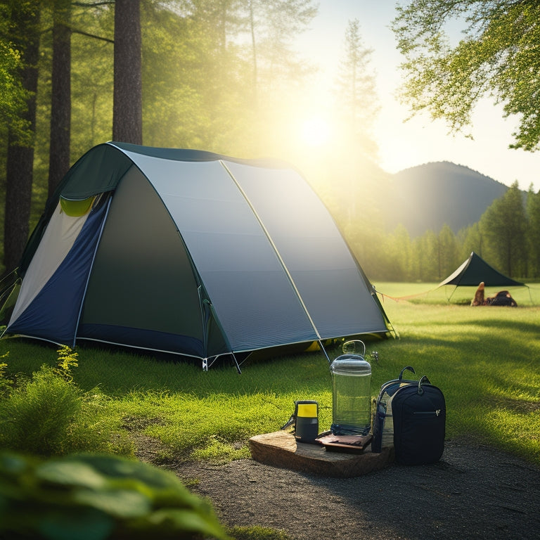 A scenic outdoor campsite with a portable solar panel set up, sunlight shining on it, surrounded by lush greenery, a tent in the background, and a backpack nearby, showcasing a traveler's eco-friendly adventure.