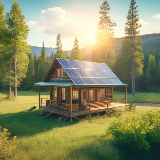 A serene off-grid landscape featuring a rustic cabin surrounded by lush greenery, with a solar panel kit mounted on the roof, sunlight glinting off the panels, and a clear blue sky above.