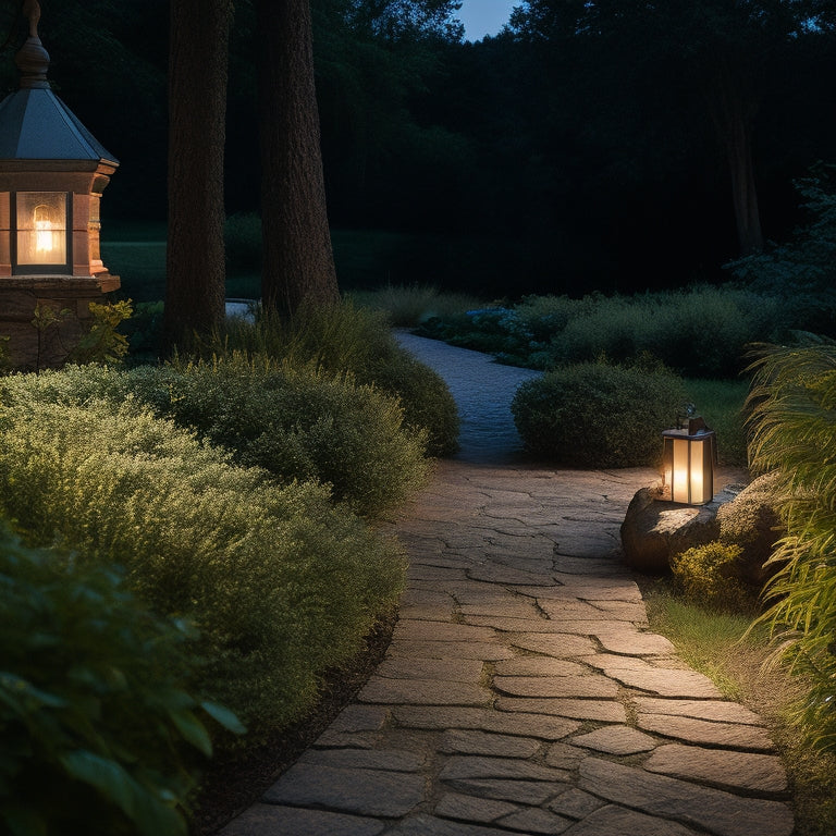 A serene nighttime backyard scene with a winding stone path, surrounded by lush greenery, illuminated by sleek, slim modern solar-powered lanterns in a warm, soft glow.