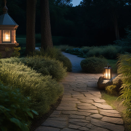 A serene nighttime backyard scene with a winding stone path, surrounded by lush greenery, illuminated by sleek, slim modern solar-powered lanterns in a warm, soft glow.