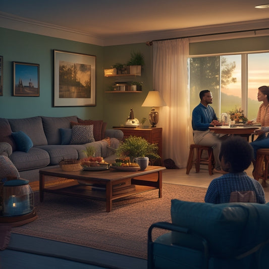A serene household scene at dusk: a family gathered in a well-lit living room, surrounded by devices and appliances, with a sleek solar battery backup system discreetly installed in the corner.