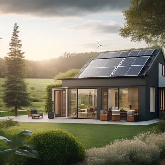 A serene, modern home surrounded by lush greenery, with a rooftop solar panel array, a wind turbine in the distance, and a battery storage system visible through a large window.