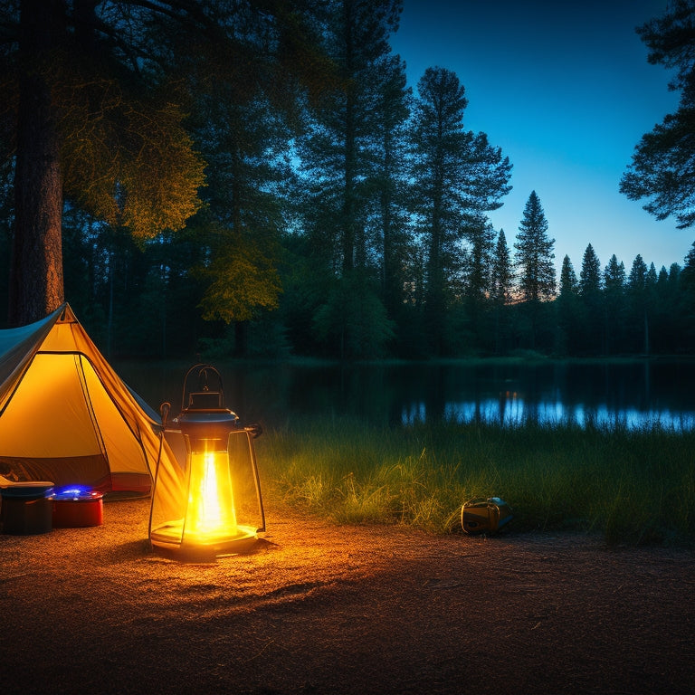 A serene campsite at dusk, surrounded by trees, featuring a lit LED camping lantern on a wooden table, casting a warm glow on nearby camping gear and a starry night sky.