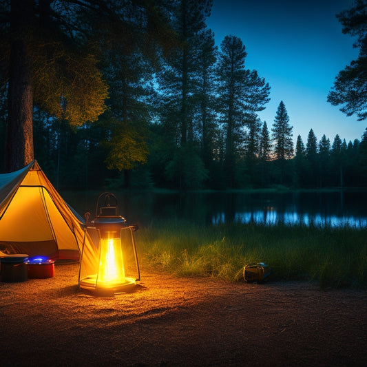 A serene campsite at dusk, surrounded by trees, featuring a lit LED camping lantern on a wooden table, casting a warm glow on nearby camping gear and a starry night sky.