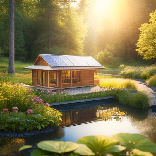 A serene landscape featuring a small solar battery system powering a cozy cabin, surrounded by lush greenery, a tranquil pond reflecting the sun, and a vibrant garden flourishing under bright sunlight.