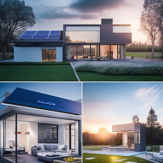 A futuristic, modern home with a sleek rooftop solar panel array, a wall-mounted battery storage system, and a smart home energy management system display on a tablet.