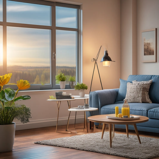 A bright, modern living room with a DIY solar panel on the windowsill, a wind turbine on the coffee table, and a LED light bulb glowing on a side table.