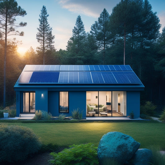 A serene, eco-friendly home with solar panels on the roof, surrounded by lush greenery, and a sleek, modern smart thermostat on the wall, with a subtle, gradient blue glow.