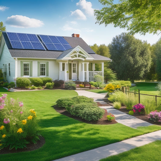 A serene suburban home with solar panels on the roof, a wind turbine in the backyard, and a garden filled with lush greenery, surrounded by a white picket fence and a bright blue sky.
