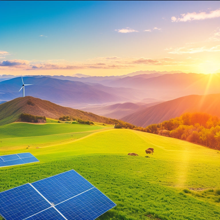 A vibrant landscape showcasing solar panels glistening in sunlight, wind turbines gracefully spinning atop rolling hills, and lush greenery, with a clear blue sky and distant mountains symbolizing harmony between technology and nature.