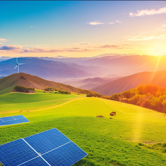A vibrant landscape showcasing solar panels glistening in sunlight, wind turbines gracefully spinning atop rolling hills, and lush greenery, with a clear blue sky and distant mountains symbolizing harmony between technology and nature.