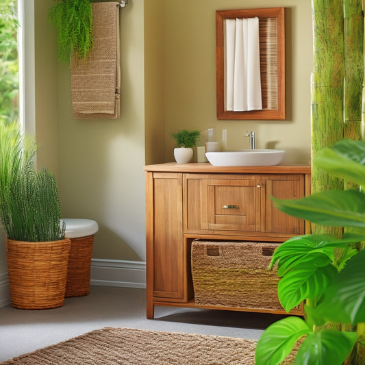 A serene bathroom scene featuring a bamboo bath storage unit with woven baskets, natural stone countertops, and a lush green plant, surrounded by soft, warm lighting and a calming natural color palette.