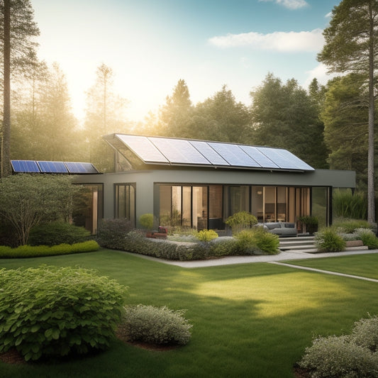 A serene residential backyard with a sleek, modern solar panel array on the roof, connected to a contemporary battery storage system in the garage, surrounded by lush greenery.