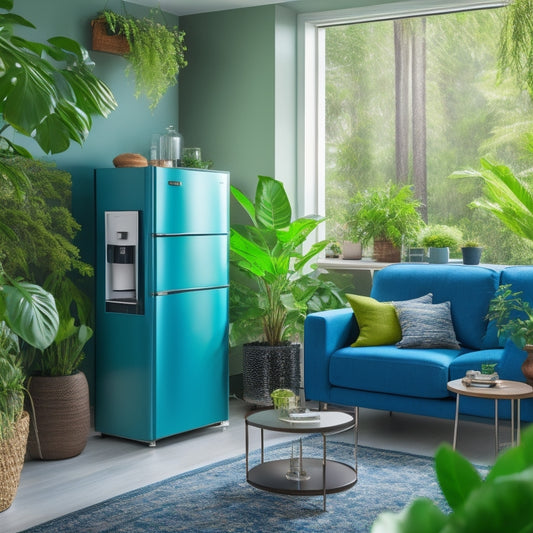 A vibrant, modern living room with a sparkling clean refrigerator, a glowing LED-lit coffee maker, and a shiny vacuum cleaner, surrounded by lush green plants and bright, colorful accents.